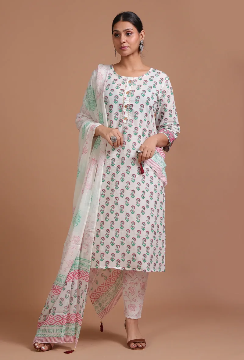 Set Of 2: White & Green Cotton Printed Kurta & Pant Set