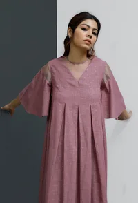 Onion Pink Hand-Block Printed Box Pleated A Line Dress image 1