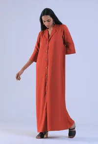 Women Orange Cotton Shirt Collar Straight Fit Dresses image 2