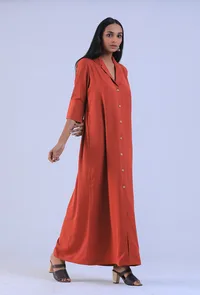 Women Orange Cotton Shirt Collar Straight Fit Dresses image 3