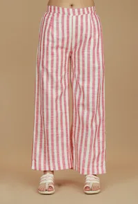 Pink & White Striped Cotton Viscose Pants image 1
