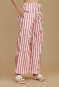 Pink & White Striped Cotton Viscose Pants image 2