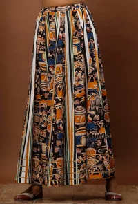 White Striped & Black Kalamkari Flared Cotton Skirt image 1
