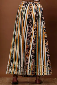 White Striped & Black Kalamkari Flared Cotton Skirt image 2