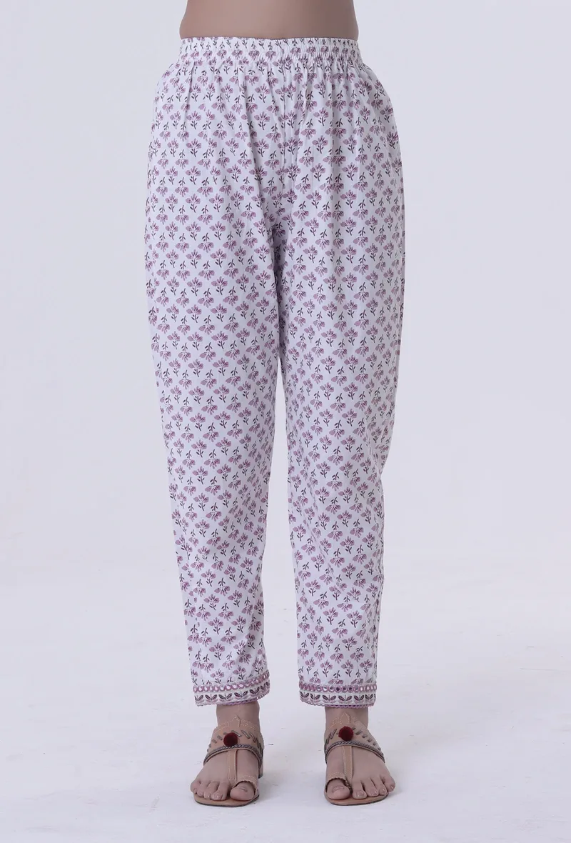 Dusty Lavender Motif White Cotton Pant