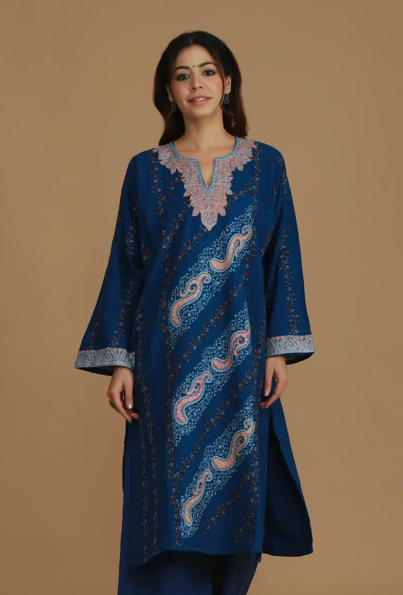 All-Over Embroidered Blue Kashmiri Phiran with Paisleys- Free Size