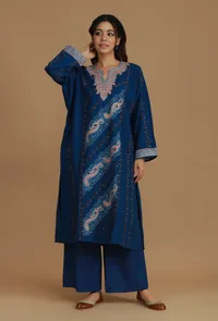 All-Over Embroidered Blue Kashmiri Phiran with Paisleys- Free Size image 2