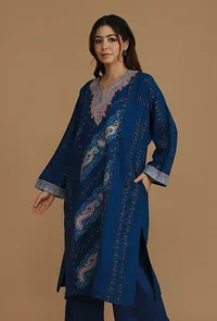 All-Over Embroidered Blue Kashmiri Phiran with Paisleys- Free Size image 3