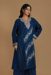 All-Over Embroidered Blue Kashmiri Phiran with Paisleys- Free Size image 4