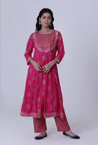Set Of 2: Cerise Pink Cotton Rayon Kurta With Pant image 1