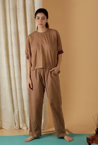 Set Of 2: Mulmul Cotton Solid Chocolate Brown Top And Straight Pants image 2