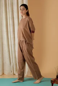 Set Of 2: Mulmul Cotton Solid Chocolate Brown Top And Straight Pants image 3