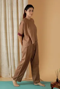 Set Of 2: Mulmul Cotton Solid Chocolate Brown Top And Straight Pants image 4