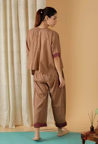 Set Of 2: Mulmul Cotton Solid Chocolate Brown Top And Straight Pants image 5
