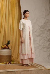 Off White-Baby Pink Cotton Schiffli Front Open Cotton Kurta image 2