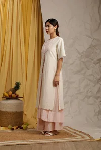 Off White-Baby Pink Cotton Schiffli Front Open Cotton Kurta image 3