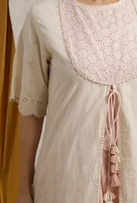 Off White-Baby Pink Cotton Schiffli Front Open Cotton Kurta image 5
