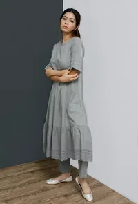 Set of 2: Grey Hand-Block Printed Tiered Kurta Dress With Solid Grey Narrow Pants image 1