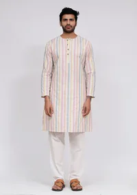Set of 2: White Stripe Button Down Kurta and White Pajama image 1