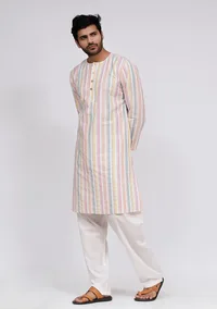 Set of 2: White Stripe Button Down Kurta and White Pajama image 2