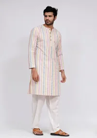 Set of 2: White Stripe Button Down Kurta and White Pajama image 3