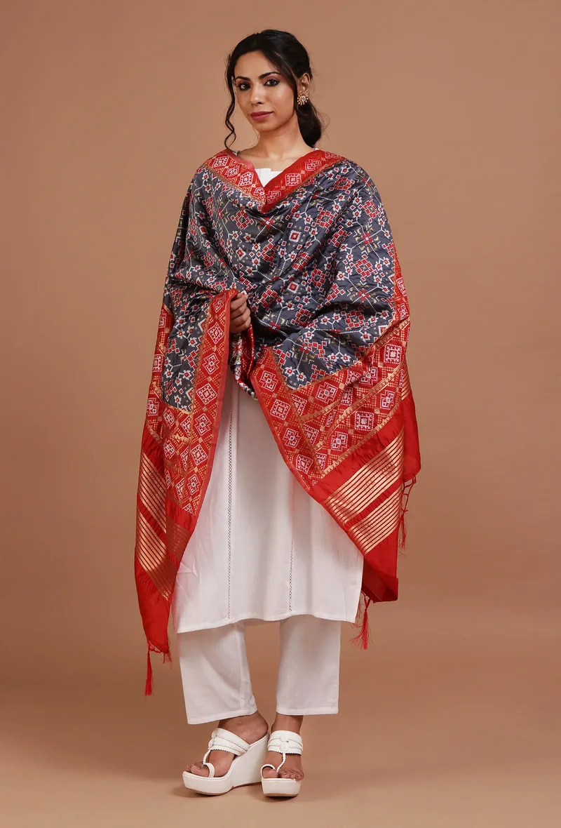 Navy Blue & Red Color Semi Silk Dupatta With Zari Weaving
