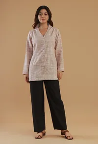 Set of 2: Blush Khadi Cotton V-Neck Button-Down Kurta with Black Straight Pant Set image 1