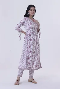 Set Of 2: Dusty Lavender Motif White Cotton Kurta With Pant image 2