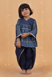 Set Of 2: Indigo Solid & Jaal Printed Cotton Top & Dhoti with lace image 1