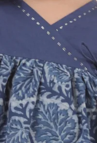 Set Of 2: Indigo Solid & Jaal Printed Cotton Top & Dhoti with lace image 5