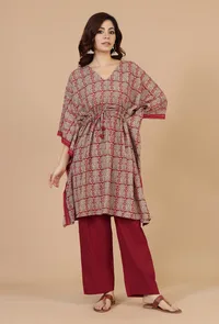 Set of 2: Block Printed Kaftan Kurta with Red Cotton Pants image 1