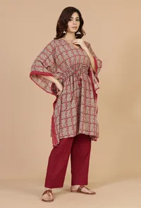 Set of 2: Block Printed Kaftan Kurta with Red Cotton Pants image 2