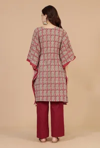 Set of 2: Block Printed Kaftan Kurta with Red Cotton Pants image 3