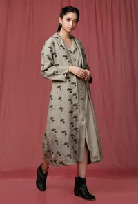 Set of 2: Moss Green Plain Linen Dress With Moss Green Printed Linen Overcoat image 2