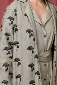 Set of 2: Moss Green Plain Linen Dress With Moss Green Printed Linen Overcoat image 5