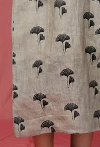 Set of 2: Moss Green Plain Linen Dress With Moss Green Printed Linen Overcoat image 6