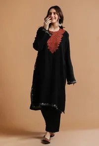 Kashmiri Sozni Embroidery Black Phiran-Free Size image 1