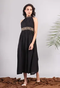 Black Halter Midi Dress with Kantha Embroidery image 1