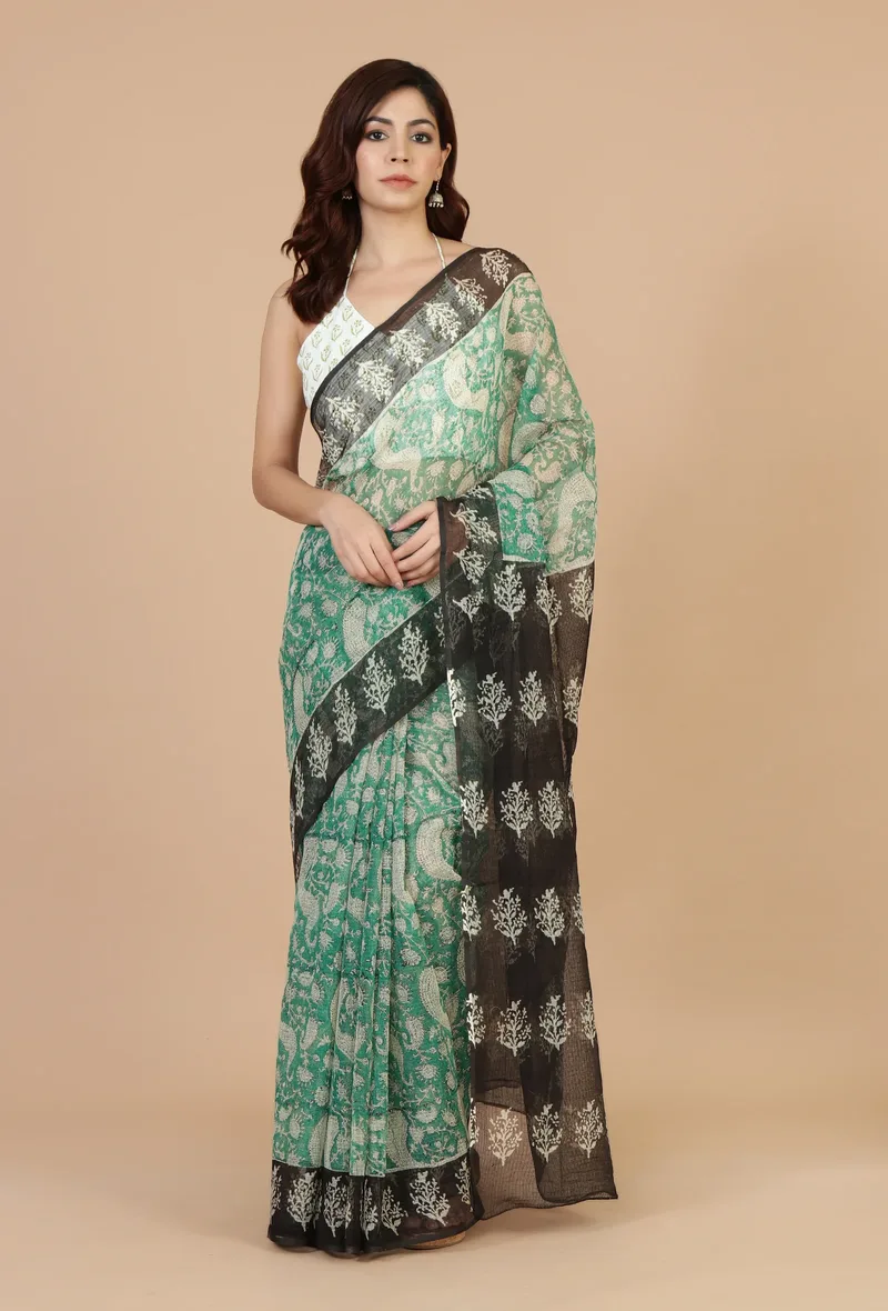 Sea Green Floral Woven Kota Doriya Saree with Black Border & Unstitched Blouse
