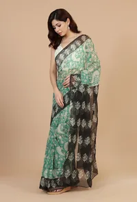 Sea Green Floral Woven Kota Doriya Saree with Black Border & Unstitched Blouse image 2