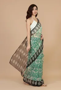 Sea Green Floral Woven Kota Doriya Saree with Black Border & Unstitched Blouse image 3