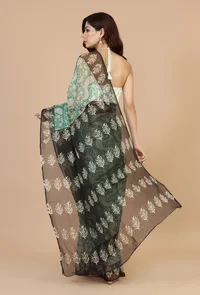 Sea Green Floral Woven Kota Doriya Saree with Black Border & Unstitched Blouse image 4