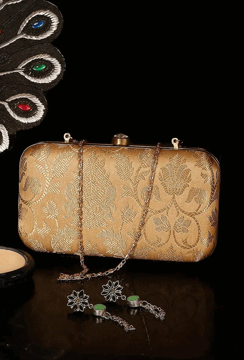 Beige Brocade Box Clutch with Sling (8 X 2 X 4.5)