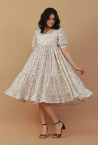 Beige Floral Printed Cotton Fit & Flare Midi Dress image 1