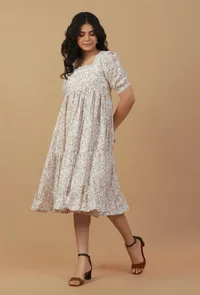 Beige Floral Printed Cotton Fit & Flare Midi Dress image 2