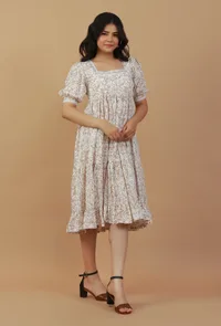 Beige Floral Printed Cotton Fit & Flare Midi Dress image 3