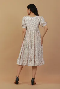 Beige Floral Printed Cotton Fit & Flare Midi Dress image 4