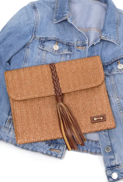 Tawny Brown Raffia Weave Pouch Bag