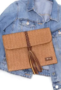 Tawny Brown Raffia Weave Pouch Bag image 1