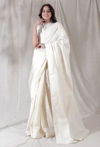 Set of 2- Off white shimmer stripe cotton blouse with cotton saree image 1